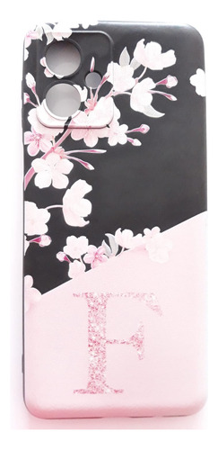 Capinha Para Motorola G54 Cor Rosa Rosa-claro Letra F Com Flores De Cerejeira